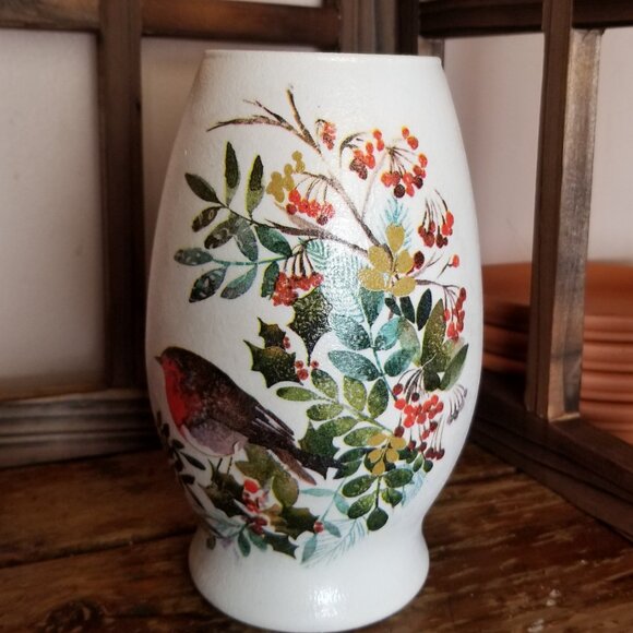 Robins & Holly Berries Glass Vase, Painted Decoupaged Vase, 7 Inch Height - Picture 7 of 7